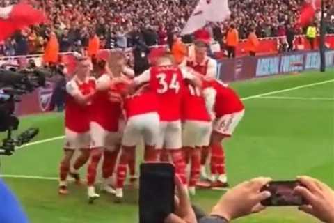 Arsenal fans love Oleksandr Zinchenko playfully kicking Ben White after defender scores during..