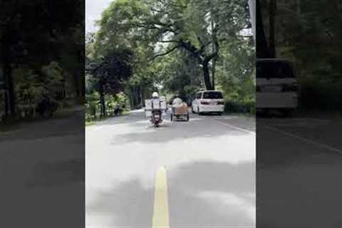 Motorcycle rider carries 12 buckets on the back of his bike